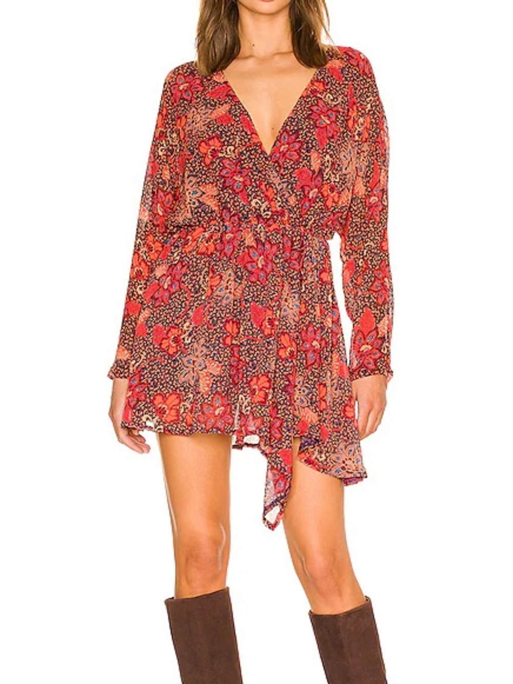 Free People Red Floral V-Neck Drawstring minidress/
Tunic